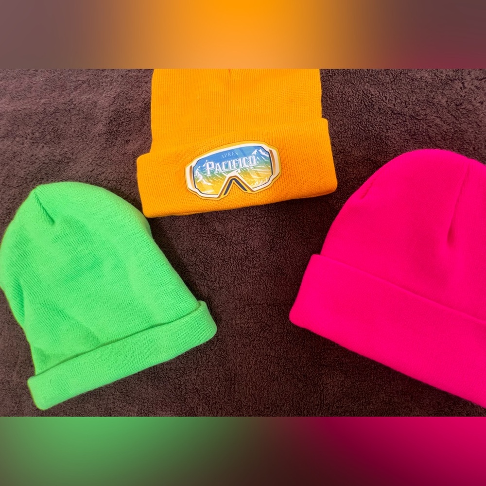THREE Green Dragon Neon Beanies Yellow, Green & Pink - Adult Unisex, One Size